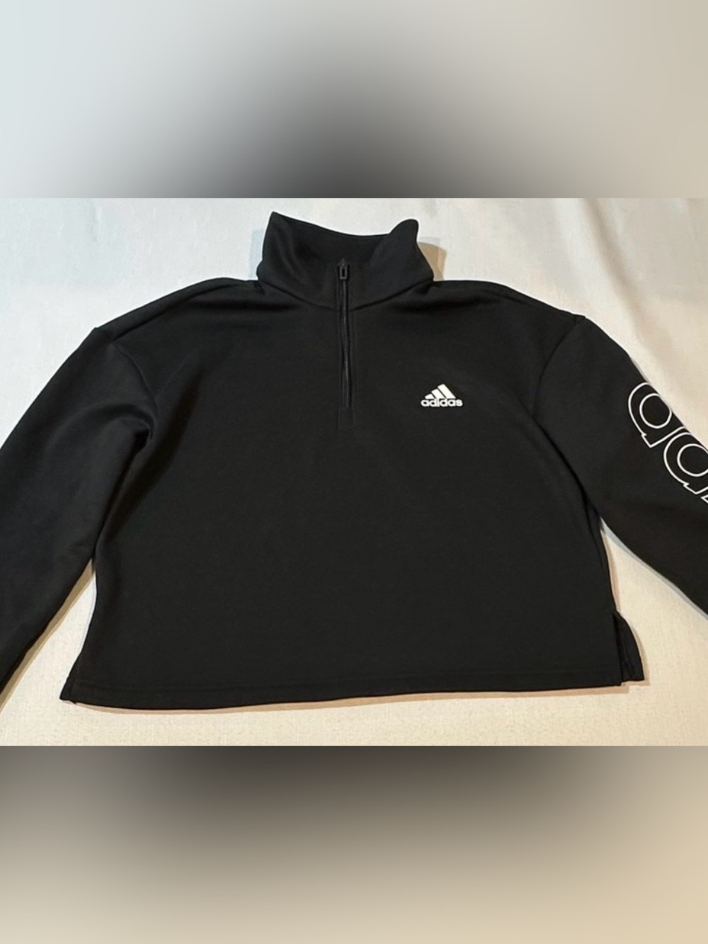 Adidas Cropped Quarter Zip Black with White Sleeve Print Pullover Sweatshirt M